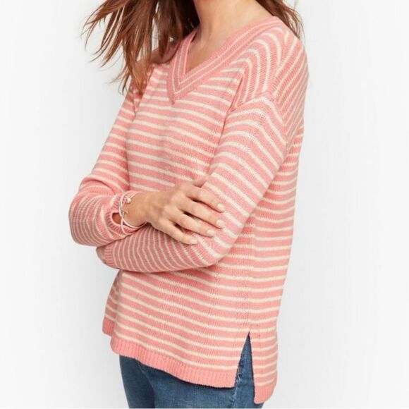 Talbots Pink & White Linen Cotton Blend V Neck Knit Sweater - Picture 1 of 10